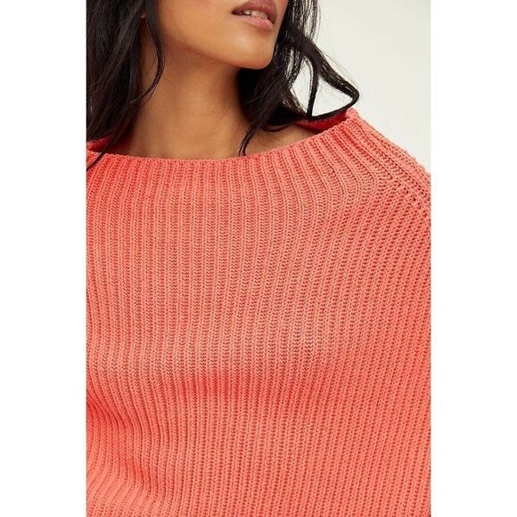 NEW FREE PEOPLE Sz S EMMY MOCK NECK PULLOVER RIBBED SWEATER IN FLAMINGO FLOWER - Picture 3 of 3